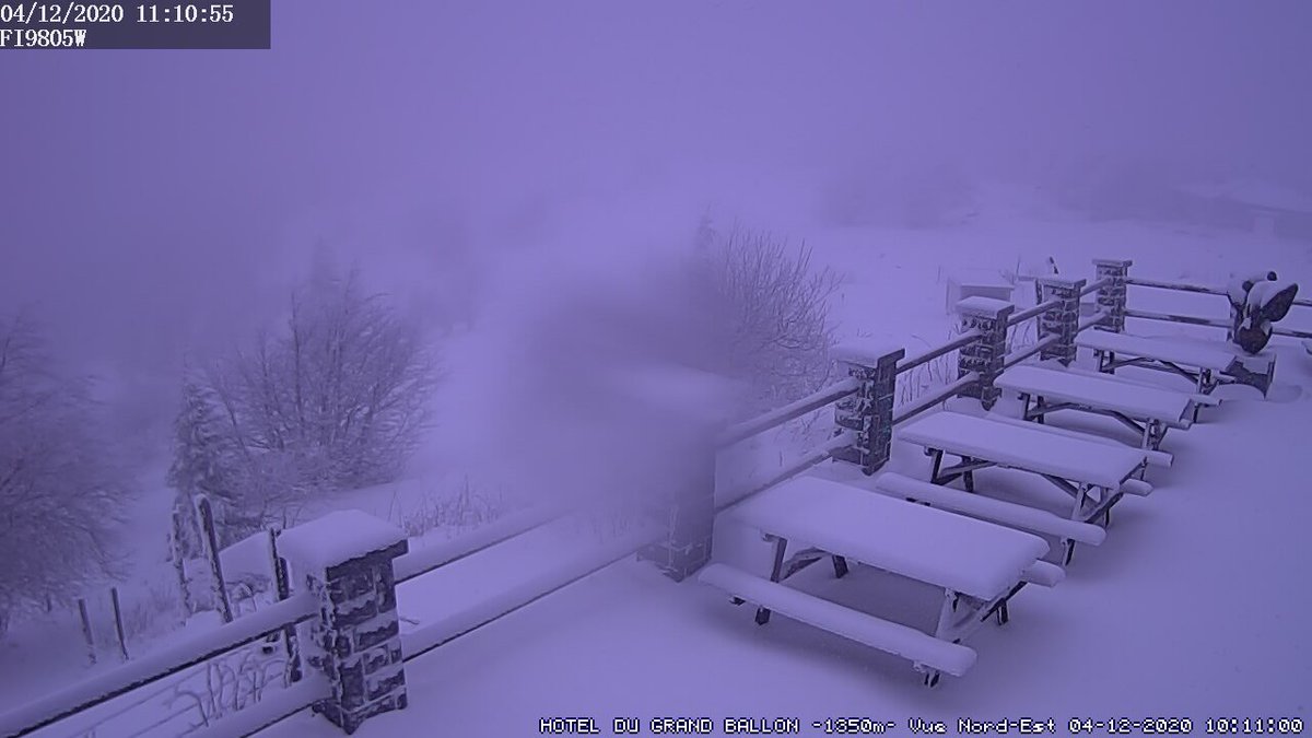Sur la webcam de l'hôtel du Grand Ballon, les chutes de #neige sont là, avec déjà de bons cumuls sur les crêtes. Ne montez pas si vous n'êtes pas équipés. L'isothermie s'est accentuer avec des #flocons mêlés à la pluie dès 550 m dans certaines vallées des Vosges du Sud. #meteo68