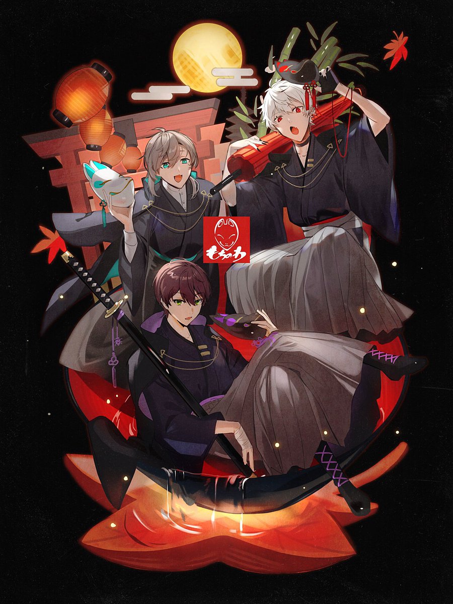 kuzuha (nijisanji) multiple boys torii male focus 3boys mask red eyes lantern  illustration images