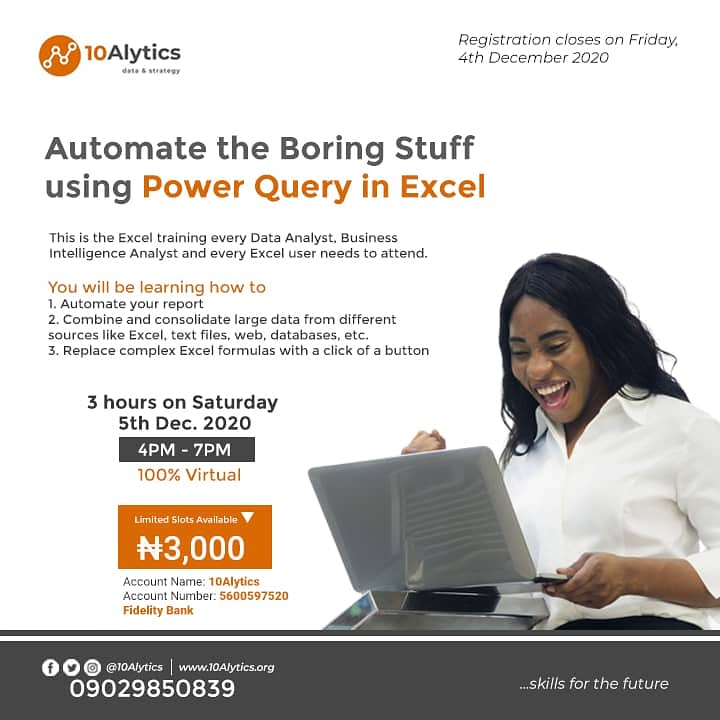 10Alytics's tweet photo. You still have the opportunity to register for this amazing offer!
Kindly contact: 09029850839 to book a slot.
Don't miss this great opportunity.
#reportautomation #financialanalyst #datareporting #dataconnectors #reporting https://t.co/WwkSqK78zm
