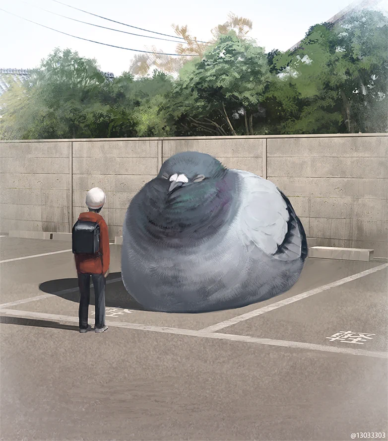 駐車場に止まっているこの巨大ハト．．．乗用車⁉
