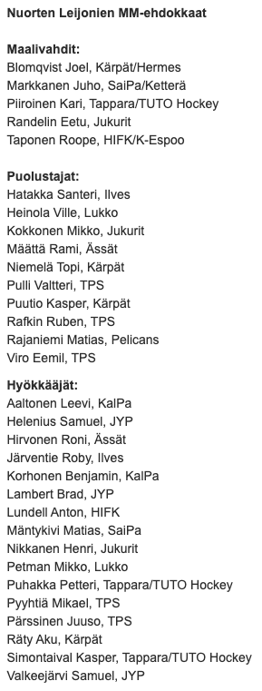 lassialanen's tweet photo. Finland's preliminary WJC roster has been announced. https://t.co/dr2uyQAndG