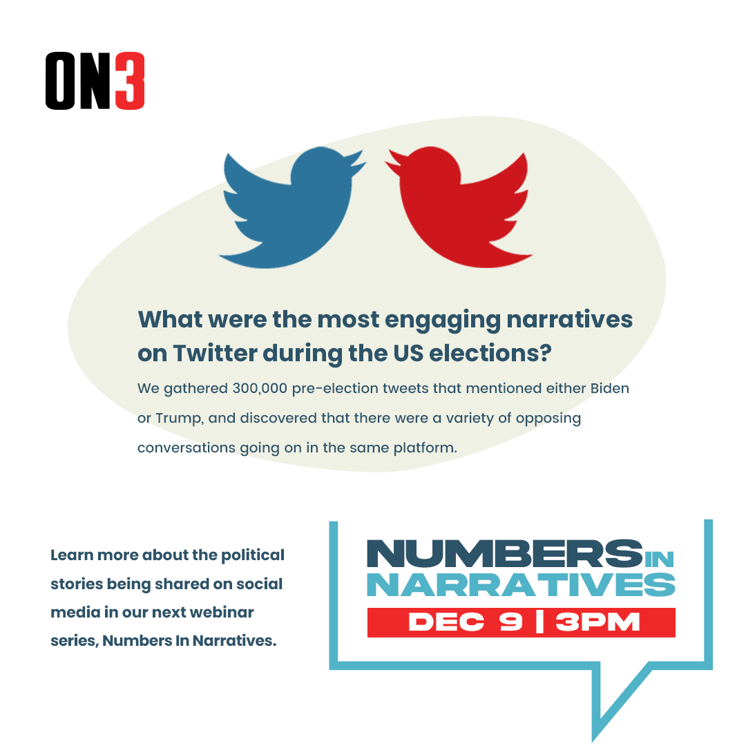on3webinars's tweet photo. Prior to the US elections, many individuals took to Twitter to voice out their political opinions. What were these conversations like and how did they choose which to participate in?

Find out more in our next data-driven episode!  https://t.co/lcwry7MFIp #NumbersInNarratives https://t.co/nFsX4uQCQM