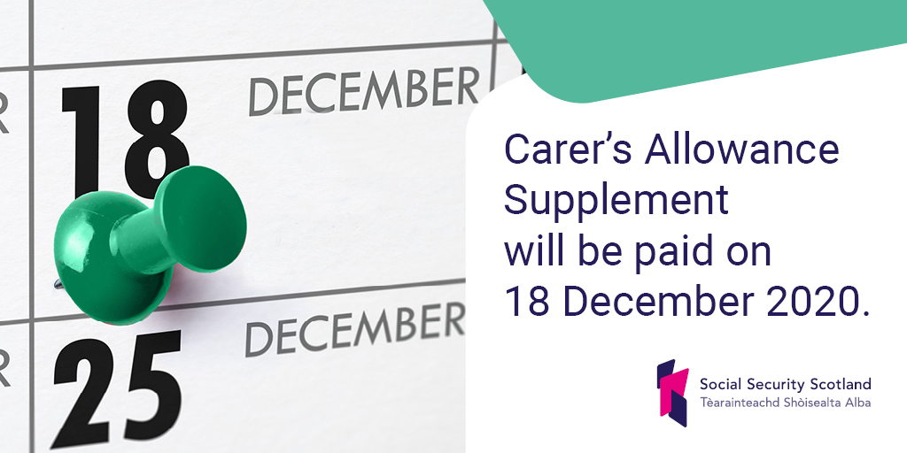 SocSecScot's tweet photo. Carers in Scotland who were getting Carer’s Allowance from the DWP on 12 October will automatically receive their Carer's Allowance Supplement payment of £230.10 on 18 December. https://t.co/MxCpdptj4p