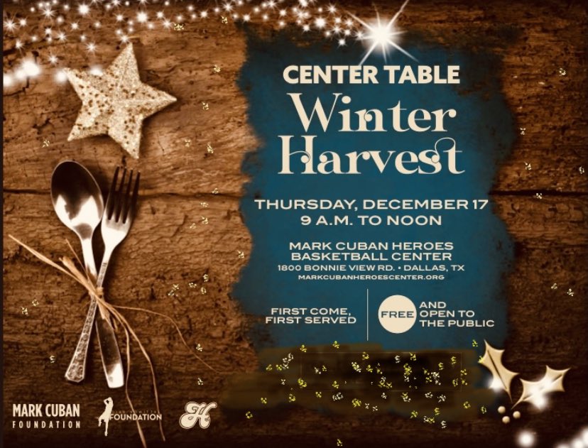 Southern Dallas County residents, registration is open for our monthly Center Table food giveaway hosted by <a href="/mcuban/">Mark Cuban</a>, <a href="/FoundationDn/">The DN Foundation</a>, <a href="/HeroesCelebrity/">HeroesBaseball</a> foundations in collaboration w/ <a href="/ntfb/">North Texas Food Bank</a>. Dec 17 - 9 am - 12 N <a href="/center_cuban/">Mark Cuban Heroes Basketball Center</a> To register: eventbrite.com/e/center-table…