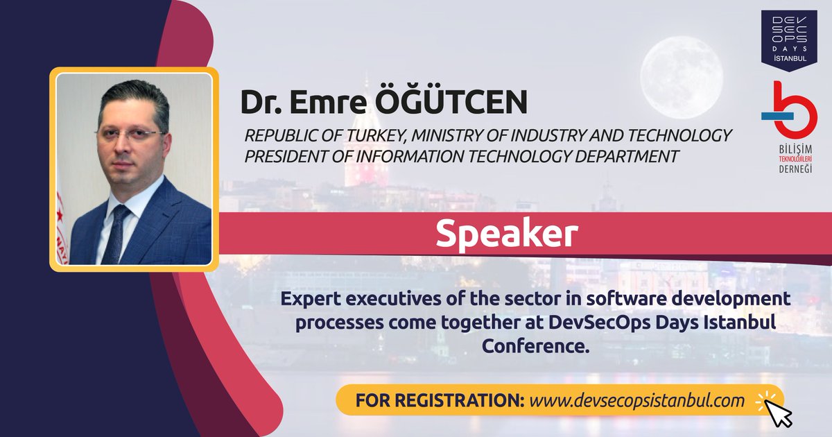 devsecopstr's tweet image. Dr. Emre Öğütcen will be with us at the DevSecOps Days Istanbul Conference.

December 9th, 2020

For Registration devsecopsistanbul.com/register/

#devops
#devsecops
#devsecopsdays
#devsecopsdaysistanbul