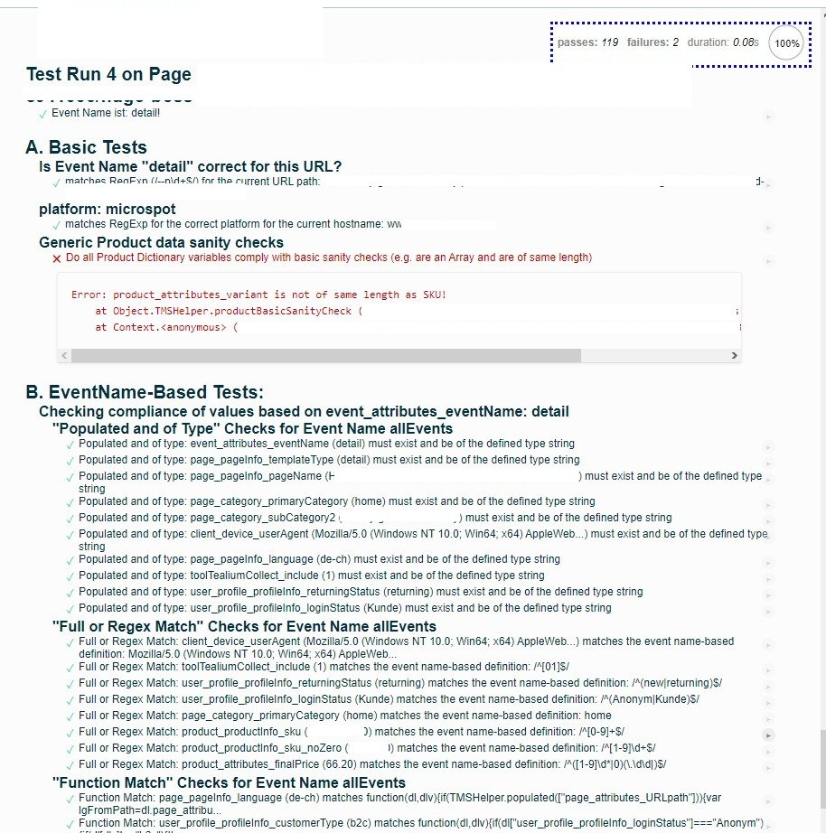 lukasoldenburg's tweet photo. Running my first #DataLayer Tests with #MochaJS, #chaiJS via @tealium. Click through the Website and see stuff failing or passing directly below the page content. Very nice and a good mix of convenience and abstraction to make this sth for a lot more than Data Layer Tests. https://t.co/f20VeEvs3z