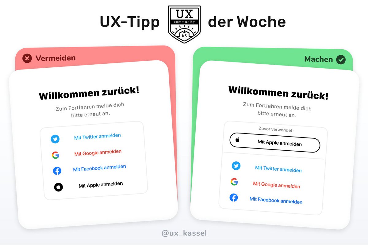 Cookies 🍪 sorgen derzeit für eine schlechte Usability auf vielen Webseiten. Richtig eingesetzt können sie aber auch dazu beigetragen, die UX zu verbessern: So können wir einer wiederkehrenden Besucherin verraten, mit welchem Dienst sie sich zuletzt angemeldet hat. #UXTipp