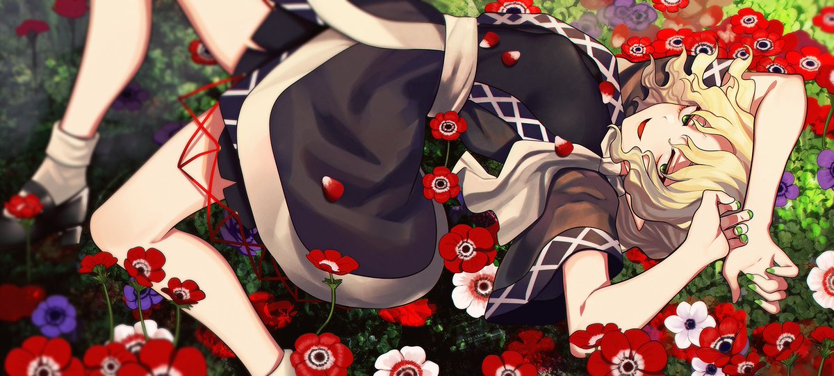 mizuhashi parsee 1girl solo blonde hair flower lying on back white scarf  illustration images