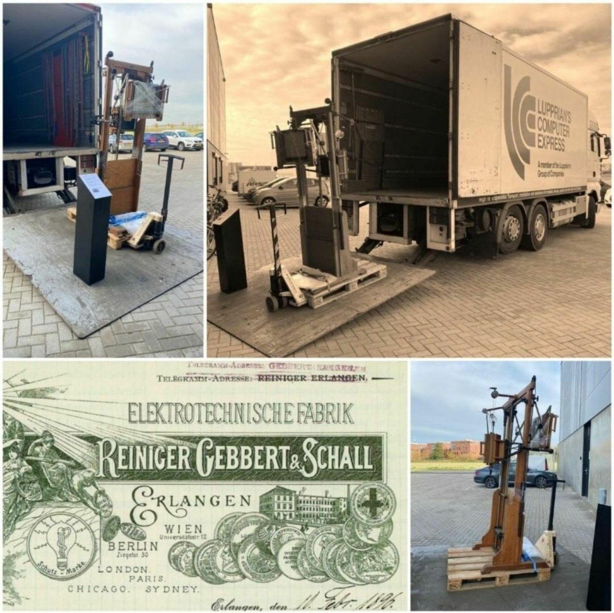 Lupprians's tweet photo. Transport antique X-Ray stand, built 1918 by Reiniger, Gebbert&amp;Schall, year of flu pandemic 

On 8 Nov 2020, Intl Radiology Day, it was 125 years ago Wilhelm C. #Röntgen invented the X-Ray

@Lupprians Transport&amp;Installation of your #Xray Equipment #Medical, #Industrial or #Dental https://t.co/buKdZrrUIU