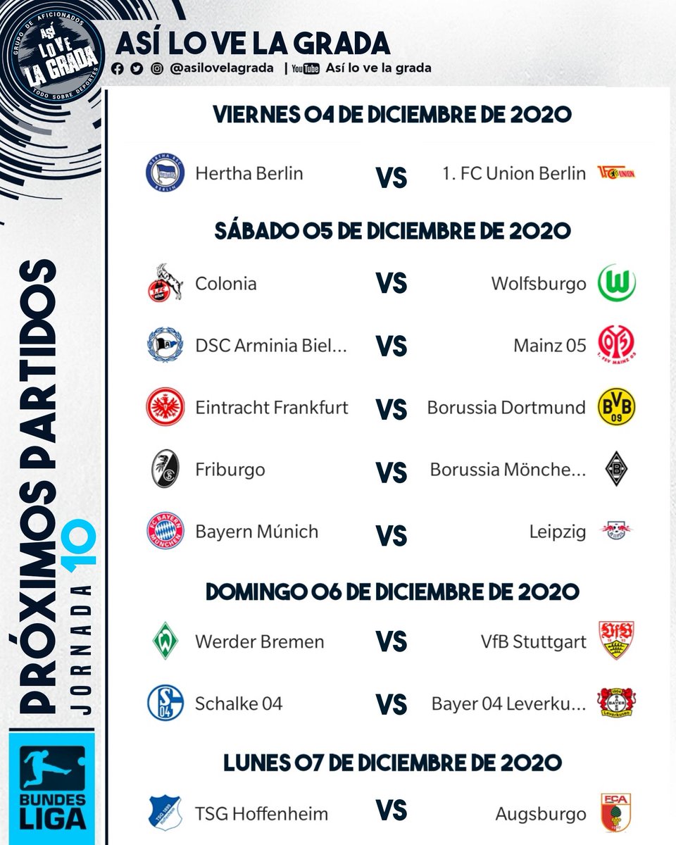 #JORNADA10 Estos son los partidos de la Bundesliga. Por: @asilovelagrada.
.
.
#futbol #bundesliga #borussiadortmund #bayernmunich #herthaberlin #asilovelagrada #asilovelagradafutbol #jornada10 #germany #alemania #deutschland #soccer #munich #bayernmunchen #leipzig #bvb https://t.co/mfTssqEYZ8