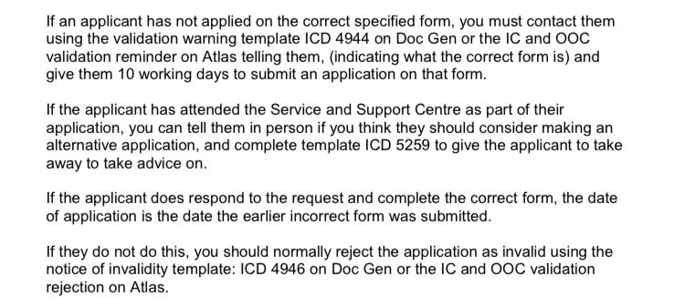 (12) Because all of the non-para 34 categories have “correct form” as a validity requirement (and unlike para 34, this actually means something here), it’s useful to note that if you apply on the wrong form, you will be given the chance to submit the correct form.