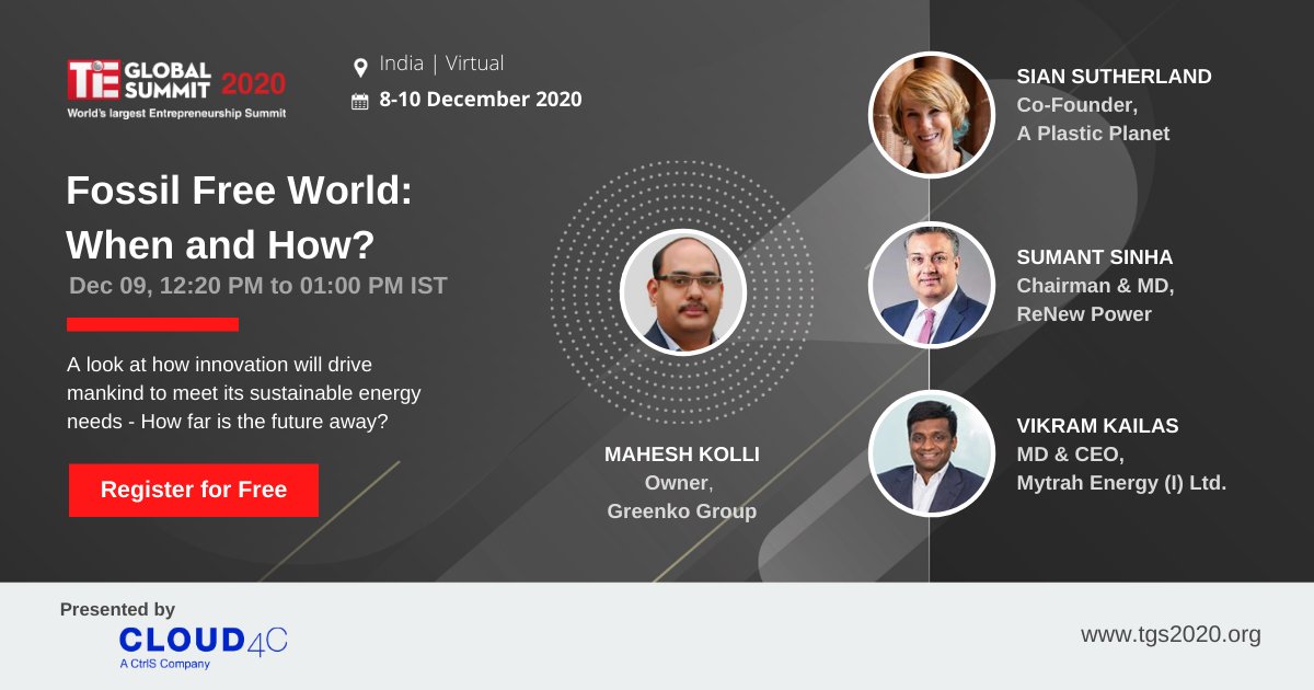 TiEHyderabad's tweet photo. A look at how innovation will drive mankind to meet its sustainable energy needs - How far is the future away ?
#FossilFreeWorld #TiEGlobalSummit2020 

If you haven't register yet, register now
https://t.co/JqmnLkmkIh https://t.co/524E4gG8J2