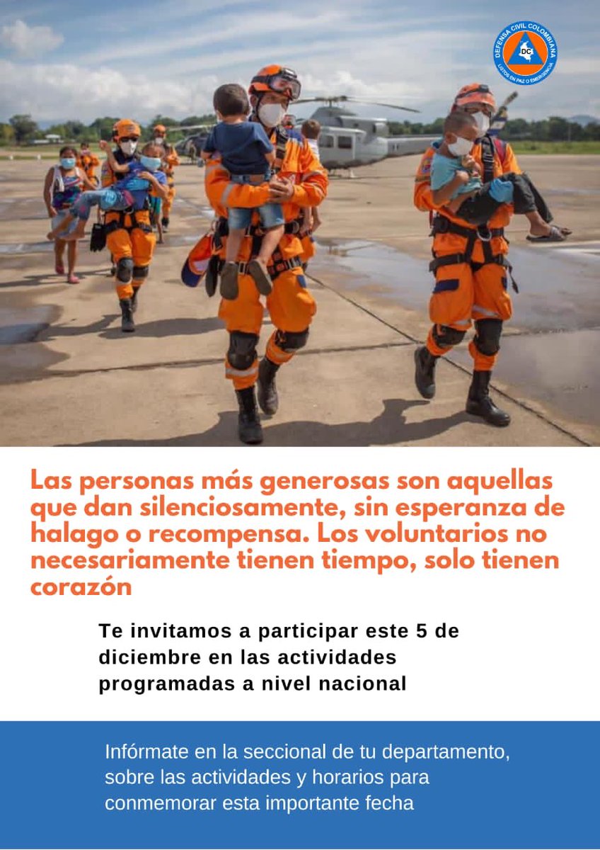 DefensaCivilCo's tweet photo. La @DefensaCivilCo en el marco del #DíaInternacionalDelVoluntario y  del #DíaDelCiudadanoAmbiental te invita a participar este 5 de diciembre en las actividades programadas a nivel nacional https://t.co/S8c4dOMS51