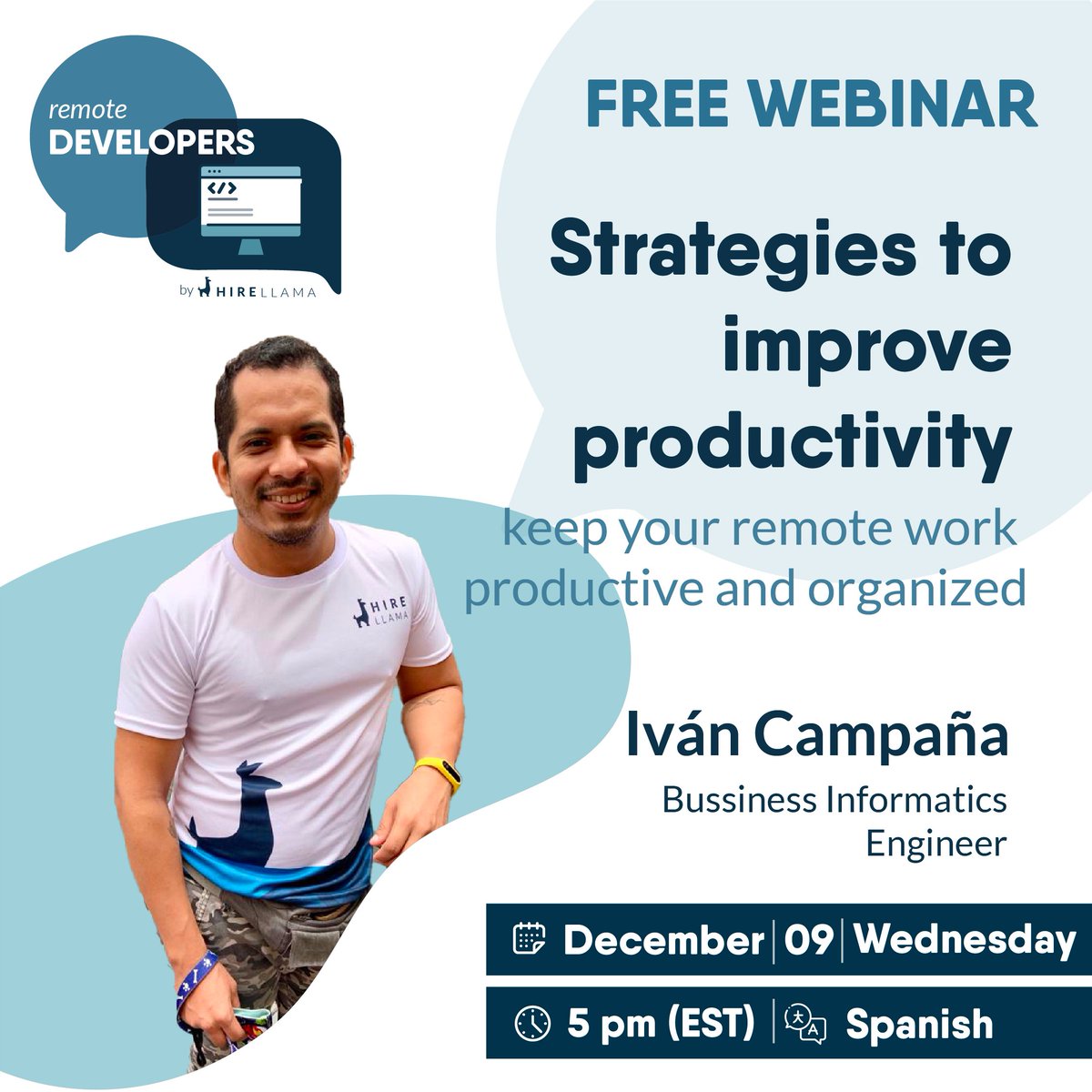 hirellama's tweet photo. A remote work can bring great benefits but knowing how to organize the time is a key factor. In our next webinar Ivan tells us from his experience what tools have helped him succeed in working remotely. Dont miss, register here 👉🏼 https://t.co/BVKa20112o https://t.co/1bBel3N8uX