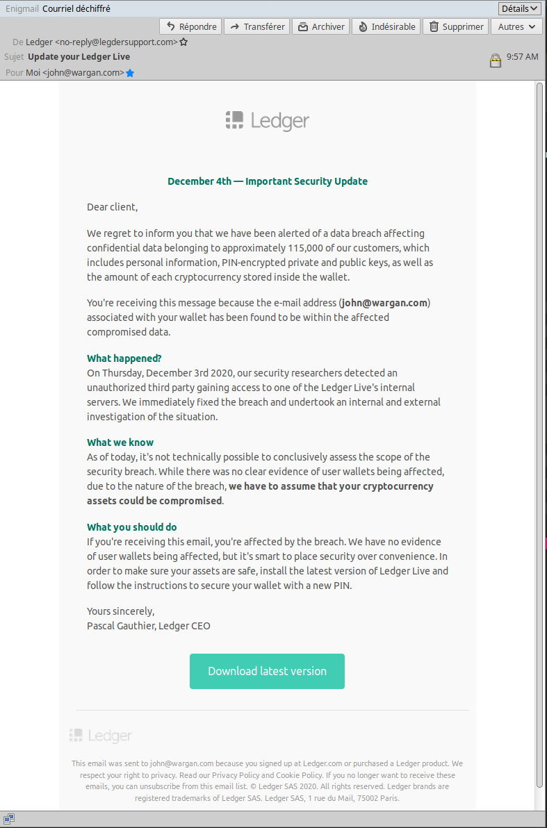 johnjean's tweet photo. Mon coup de cœur 2020 en matière de scam/phishing sur @Ledger - Un e-mail shooté depuis https://t.co/hw42RxxPCp (avec DKIM valide @ Mailjet). Un contenu incohérent mais anxiogène (PIN private) et une URL UTF en https://t.co/wX9xvlp0kl avec un semblant de poussière sur l'écran. GG https://t.co/xrt1O46HGi