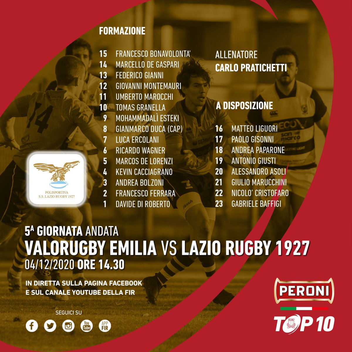 🔴 #PeroniTOP10 La @LazioRugby1927 annuncia la formazione per il match a Reggio Emilia con il #Valorugby ➡ tinyurl.com/y48mtoo9 #rugbypassioneitaliana