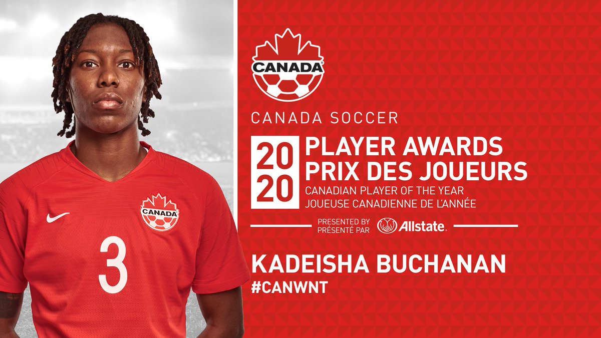 Kadeisha Buchanan from Canada Soccer’s Women’s National Team has been named the 2020 Canadian Player of the Year presented by @AllstateCanada

#CANWNT 🍁⚽️🏆  canadasoccer.com/news/kadeisha-…

#TheBestInCanada 🇨🇦