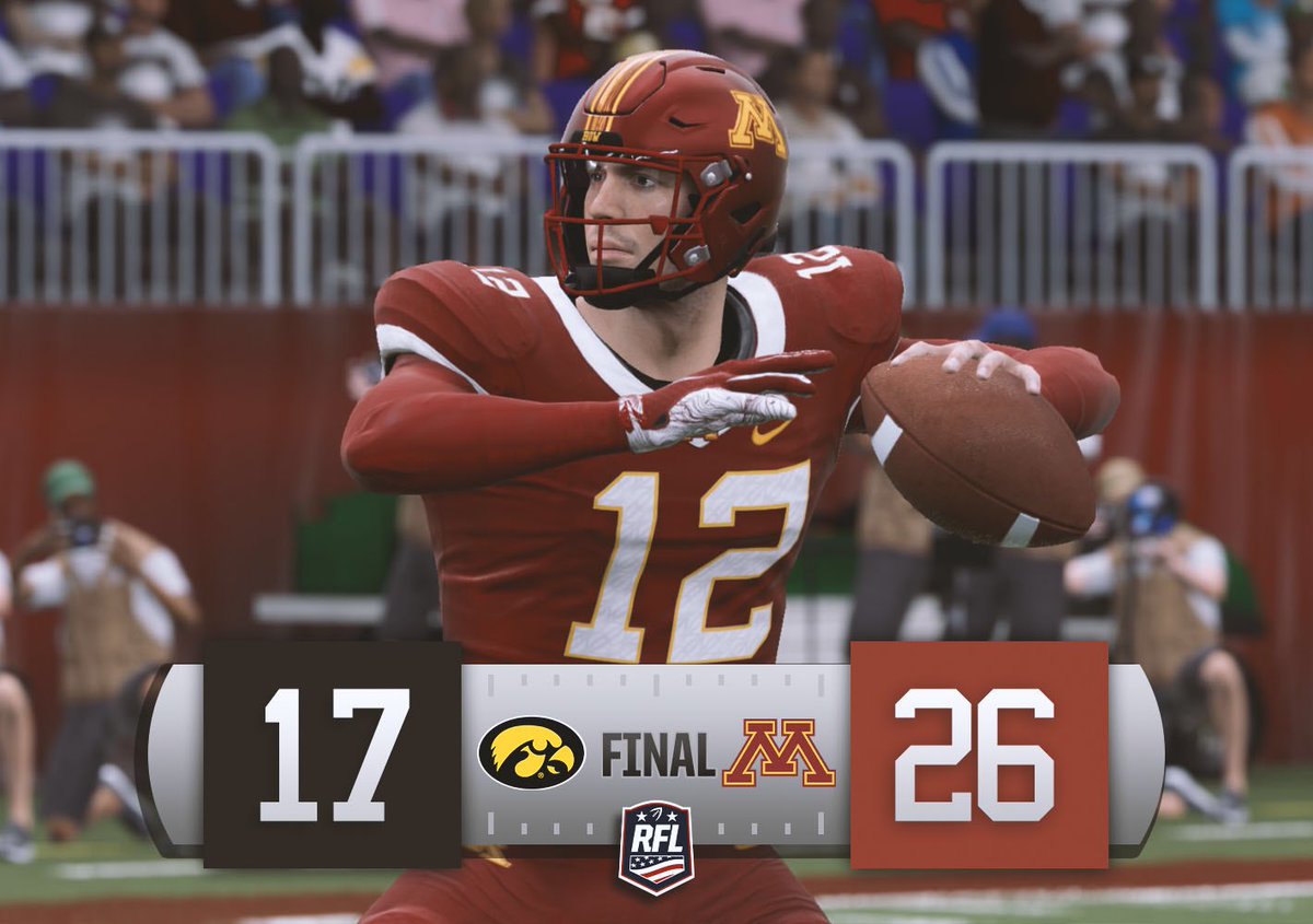 RFL_Sim_League's tweet photo. Minnesota held on with solid play from QB Karson Kershaw defeating Iowa for the Big Ten Championship 26-17! #RFL #RFLCS #Season2 #Minnesota #Iowa #BigTenChampionship #ConferenceChampionship #Madden #Madden20 #Madden21 #Football #NCAAFootball #NCAAFootball20 #Esports #LeagueFirst https://t.co/kVAi2DbFDB