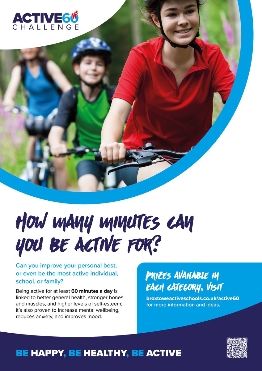 ENTER NOW!

Great to see entries coming in for the first month of our #active60 challenge. Visit broxtoweactiveschools.co.uk/active60 or scan the QR code for more information.

#happy #healthy #active