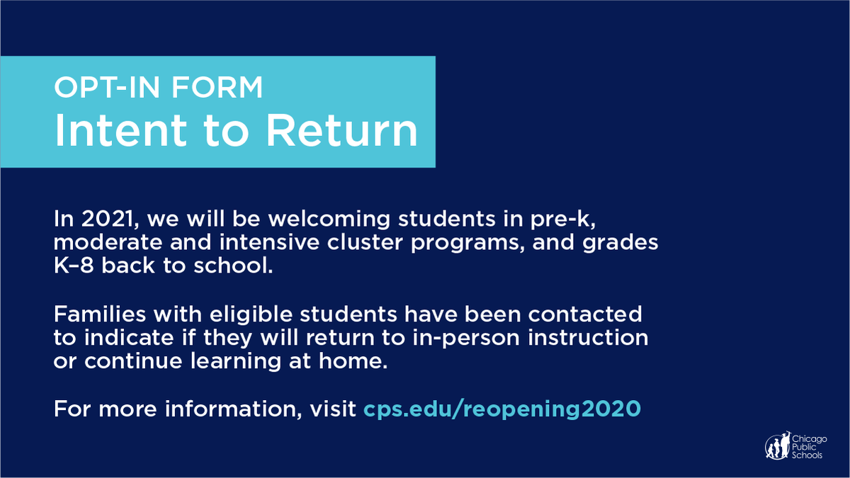 ChiPubSchools's tweet photo. To help us better understand how many students are planning to return to in-person learning after winter break, please complete the Intent Form we’ve emailed for each eligible child in your family by Mon, 12/7. https://t.co/Dcqktf9jmE