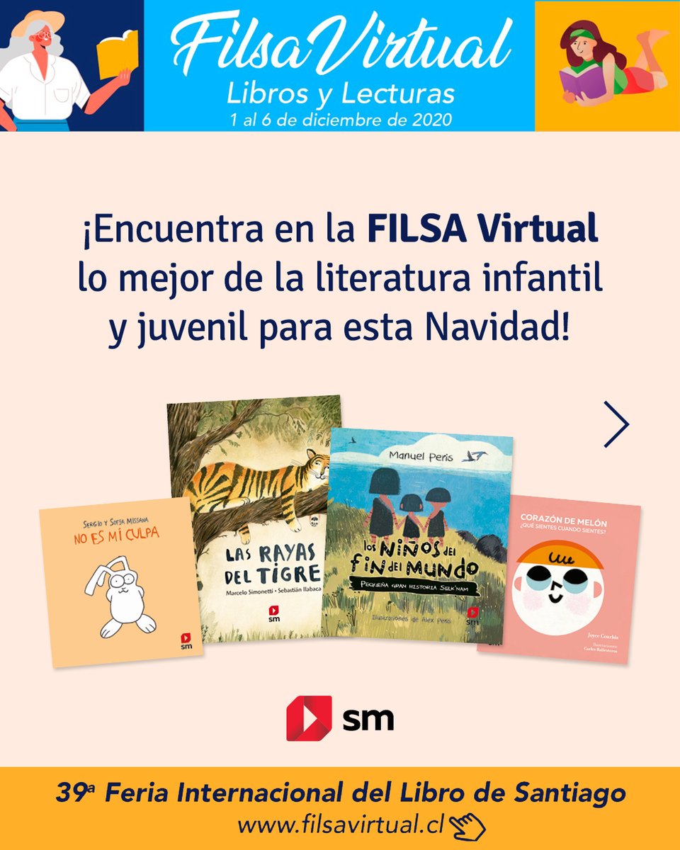Ediciones_SM's tweet image. Hasta este 6 de diciembre estaremos en la #FILSAVIRTUAL de la @camaradellibro  📚 ingresa a filsavirtual.cl y encuentra con descuento ¡la mejor #literatura infantil y juvenil para esta Navidad!

#LibrosyLecturas #FilsaOnline #FeriaDelLibro #LiteraturaSM #Lij
