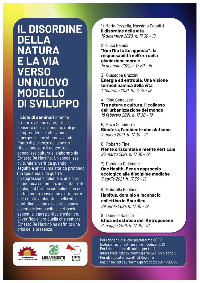 Vi invitiamo a partecipare a questo ciclo di seminari "Il disordine della natura". 
Sarà possibile seguire ogni appuntamento in streaming direttamente sulla nostra pagina Facebook!
