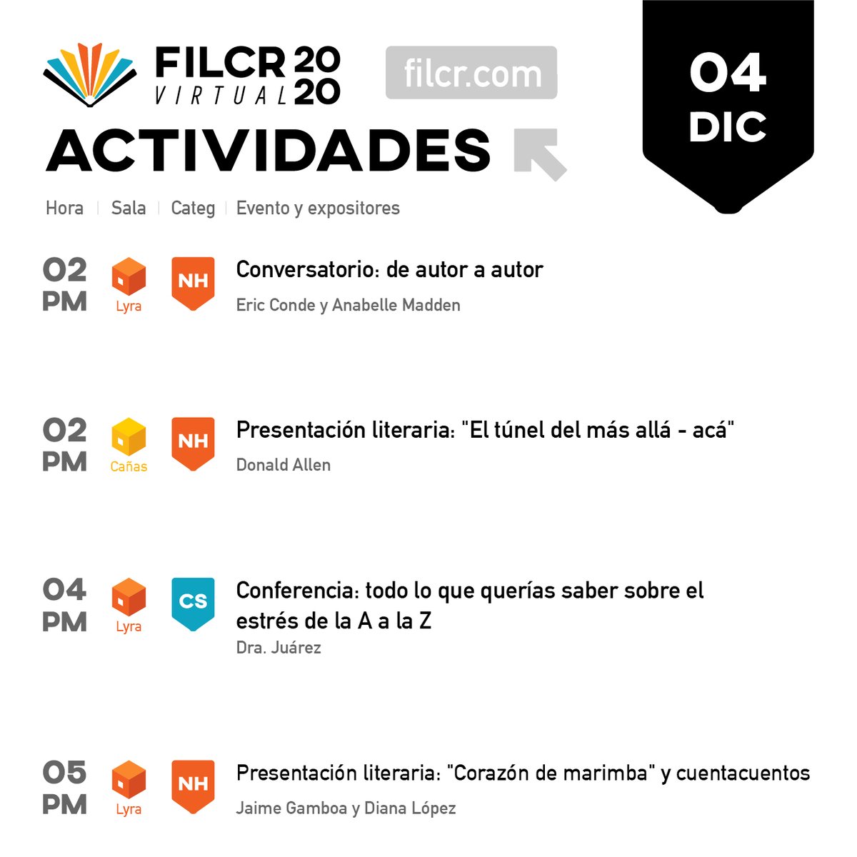 _FILCR's tweet photo. Actividades del 4 de diciembre. Ingresá a https://t.co/1haXaOZQaL y disfrutá de todas las actividades que ofrece la #FILCR2020Virtual.

#ConectandoLaRegión 
#EscriturasSinFronteras https://t.co/5Xs6xlaJqP
