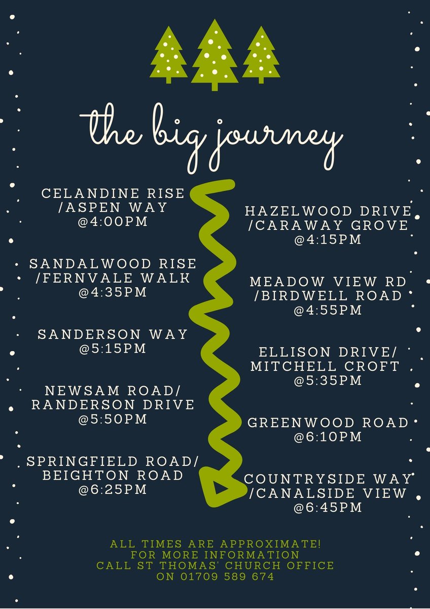 kilnhurstchurch's tweet image. This year we're on a mission to bring a bit of Christmas cheer to our community!

On Saturday 12 Dec from 4-7pm, we're inviting you to join us from your doorstep (/pavement) for some Christmas carols, a bit of fun, and free gift. 

Check out the route below &amp;amp; join us if you can!