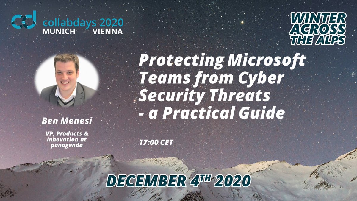 Are you hesitant to deploy #MSTeams due to cybersecurity concerns? Join @benmenesi at 17:00 CET to learn more on how to overcome these concerns and make the most of #MSTeams. 
#CollabdaysMUCVIE @collabdaysmuc @collabdaysvie #microsoft