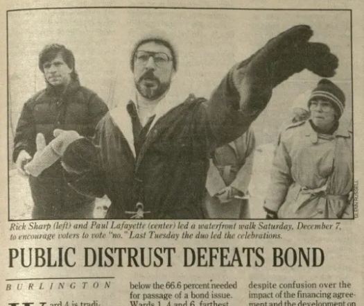 Bernie praised the Alden plan as the best possible compromise (tho notably similar to the one he ran against). Thankfully, voters rejected it in a 1985 bond measure. Had the bond passed, the public park Bernie declared his '16 prez bid in would be luxury condos instead.  #vtpoli