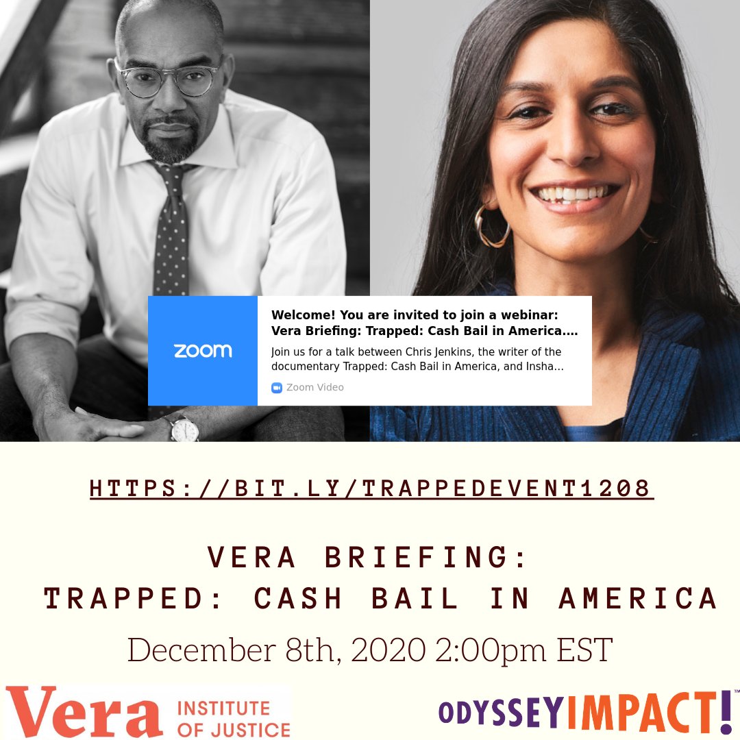 Make plans for next week! Join us for a talk between @bychrisljenkins, writer and producer of the documentary #TrappedCashBail and Insha Rahman, @verainstitute's VP for Advocacy and Partnerships. RSVP: bit.ly/trappedevent12…
