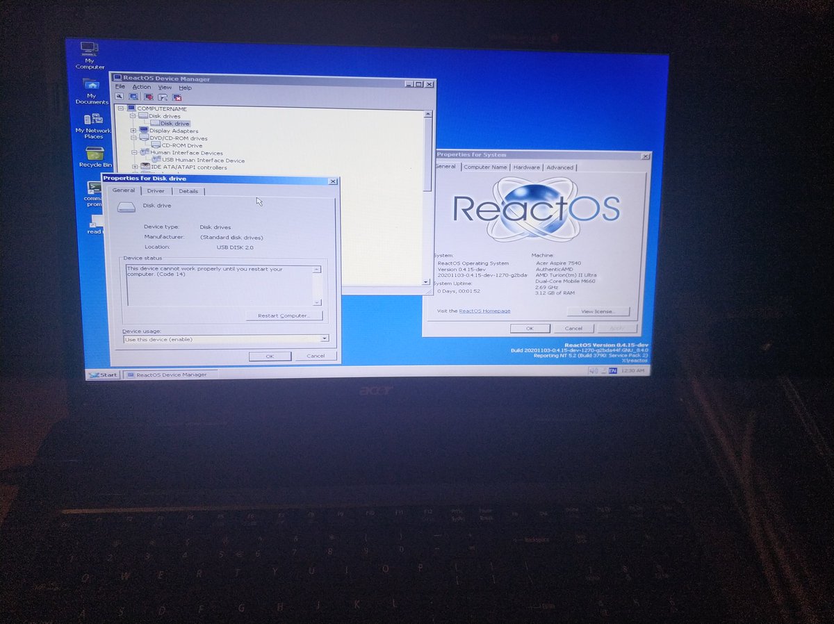 ReactOS on Twitter: "Proof of concept, or what's coming! #ReactOS working  on #Acer Aspire 7540 with LiveUSB, no RAMDISK! New storage drivers and a  USB patch were used. Again, you achieved it with your donations and  continuous support! #hardware ...