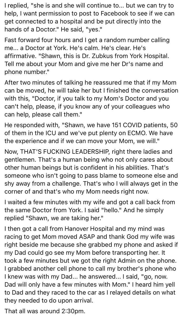 DESPERATE PLEAS for ICU bed for mom via  @Facebook—A son frantically tries to find hospital ICU bed w/ ECMO to save his mom—by **publicly begging** on FB. Nurse+doctor from York PA sees the son’s FB pleas, calls his cell, offers to help—mom successfully transferred!  #COVID19