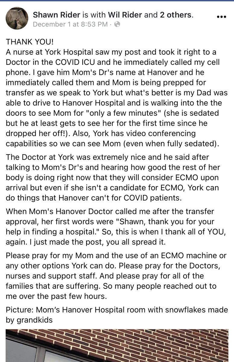 DESPERATE PLEAS for ICU bed for mom via  @Facebook—A son frantically tries to find hospital ICU bed w/ ECMO to save his mom—by **publicly begging** on FB. Nurse+doctor from York PA sees the son’s FB pleas, calls his cell, offers to help—mom successfully transferred!  #COVID19