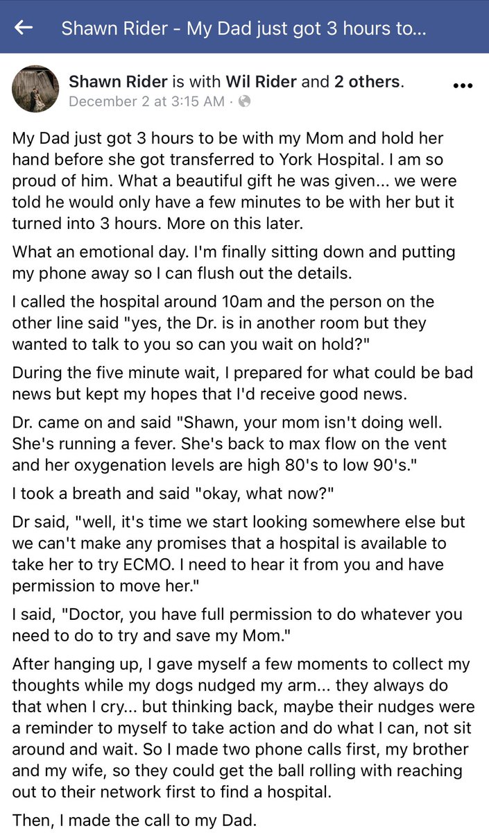 DESPERATE PLEAS for ICU bed for mom via  @Facebook—A son frantically tries to find hospital ICU bed w/ ECMO to save his mom—by **publicly begging** on FB. Nurse+doctor from York PA sees the son’s FB pleas, calls his cell, offers to help—mom successfully transferred!  #COVID19