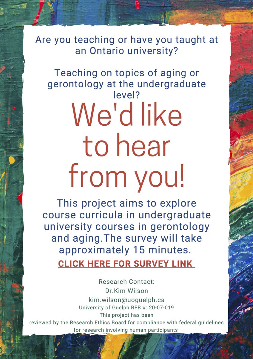Do you teach a #gerontology course at an Ontario university? Take a break from grading and help us learn about your course and teaching experiences!  tinyurl.com/y3oqm6ng