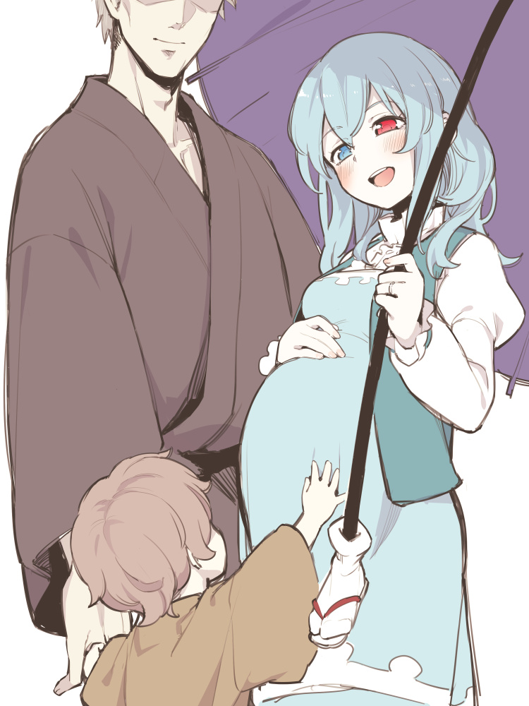 tatara kogasa pregnant 1girl red eyes heterochromia blue eyes 2boys multiple boys  illustration images