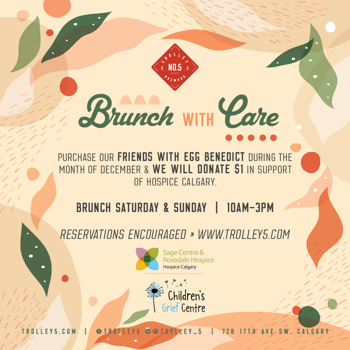 Trolley_5's tweet photo. Brunch With Care! 
Join us for Brunch during December &amp; order our Friends With Egg Benedict brunch item, we will donate $1 from every order to support our pals at Hospice Calgary. 

#communitybrewpub #supportlocal #brunchwithcare https://t.co/8AdlskBn0k