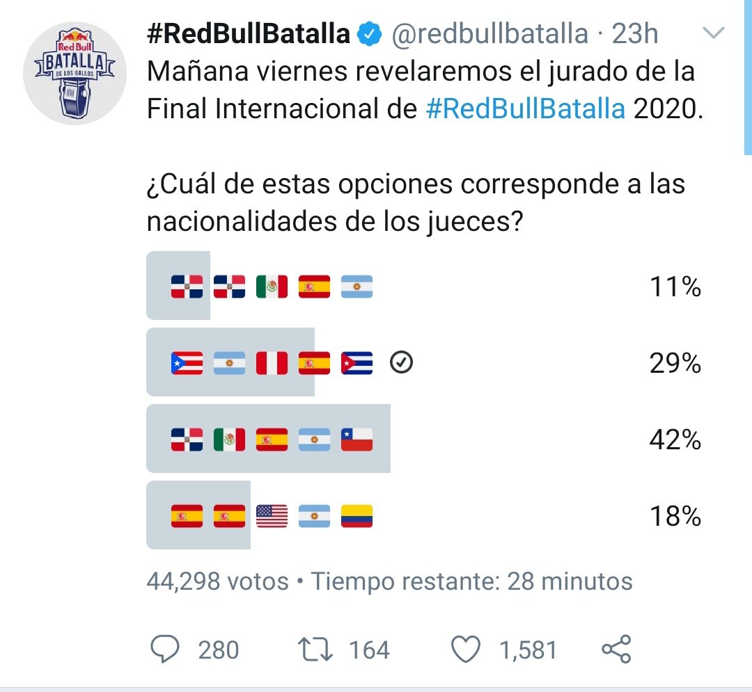 @redbullbatalla O sea, en 28 minutos dicen quienes serán? Eso espero...
Solo sospecho que de parte de argentina sería wos, de Perú jota estaría bien, aunque por