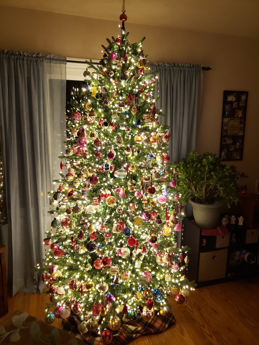 Hundreds of Vintage Shiny Brites, Great Grandparents car blanket for a tree skirt, and a ton of lights.  #GMASeeYourTree