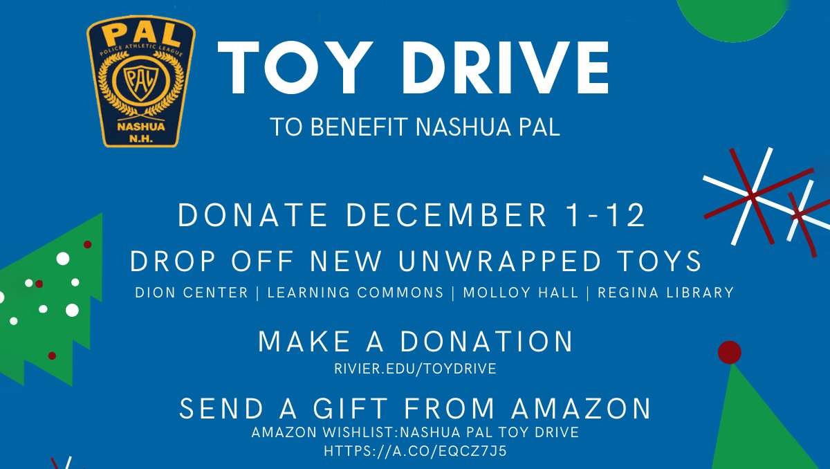 Join in the annual Toy Drive to benefit @NashuaPAL children! This project has a direct impact on the Greater Nashua community. Learn what's new this year and how you can share the spirit this season at bit.ly/39JEyuC #rivieruniversity #rivserves #EveryKidDeservesAPAL