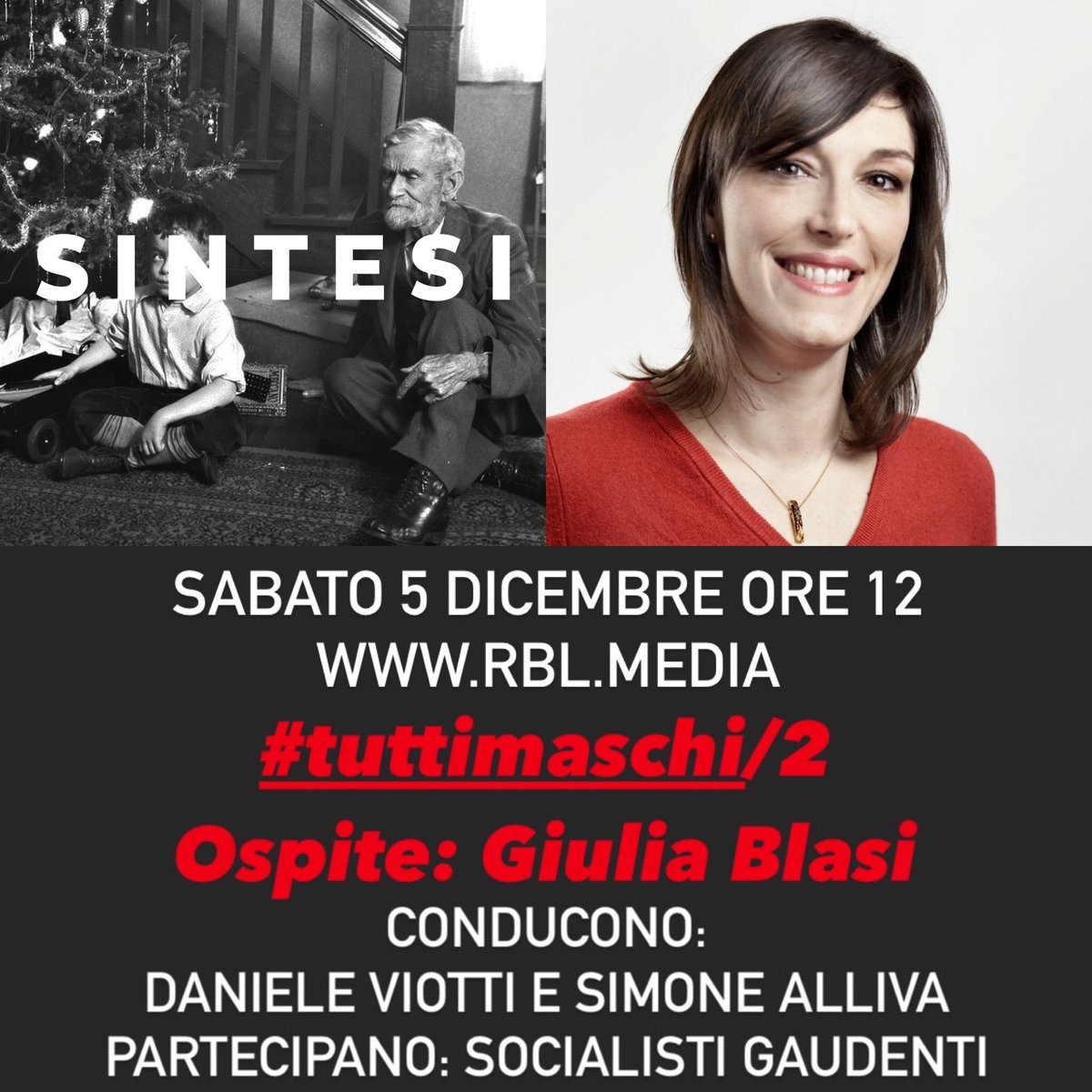 Domani torniamo a bomba con ospite <a href="/Giulia_B/">Giulia Blasi</a> per parlare di nuovo di #tuttimaschi

E poi le notizie di <a href="/SimoneAlliva/">Simone Alliva</a> e le simpatiche gag de i <a href="/socgaudenti/">Socialisti Gaudenti</a>.
Conduce <a href="/danieleviotti/">Daniele Viotti</a> alle 12 in diretta su <a href="/RadioBandaLarga/">Radio Banda Larga</a>