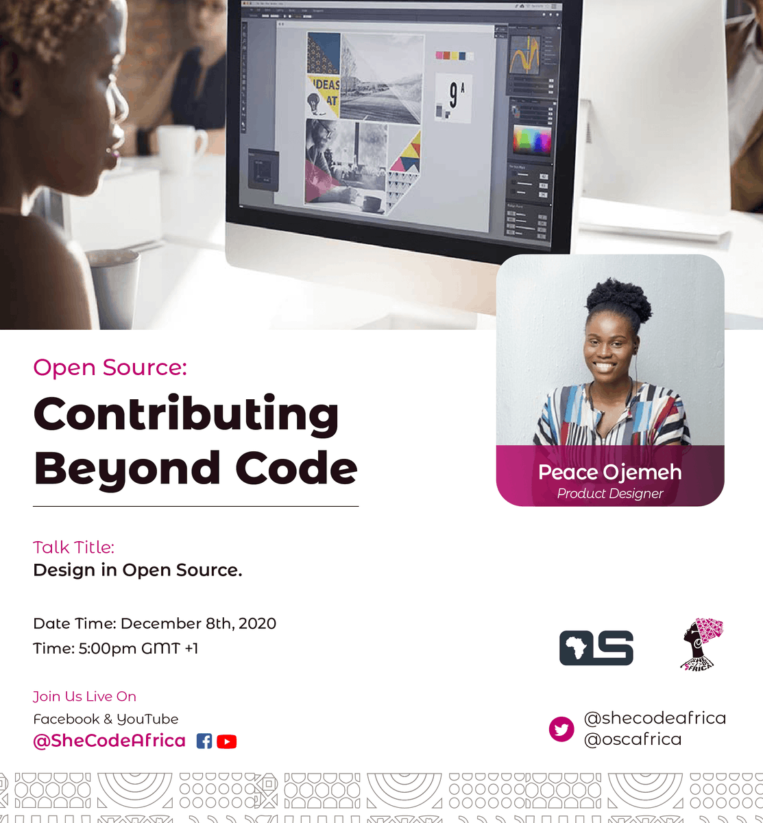 SheCodeAfrica's tweet photo. Open Source: Contributing Beyond Code
Peace Ojemah @Peace_Ojemeh will be taking us through Design in Open Source
Date: 8th December, 2020
Time: 5:00PM GMT+1
#SCAXOSCA
#WOSCA
#OpenSource https://t.co/UGEGjuHJwz