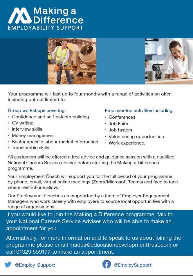 Croydon Works (@croydonworks) on Twitter photo If you are looking for a tailored employability support programme, check out the below from @Employ_Support
and get in touch with the team today
Job fairs, CV writing, interview skills, employer-led conferences.. & more!
☎️01329 559177
📨mades@educationdevelopmenttrust.com If you are looking for a tailored employability support programme, check out the below from @Employ_Support
and get in touch with the team today
Job fairs, CV writing, interview skills, employer-led conferences.. & more!
☎️01329 559177
📨mades@educationdevelopmenttrust.com