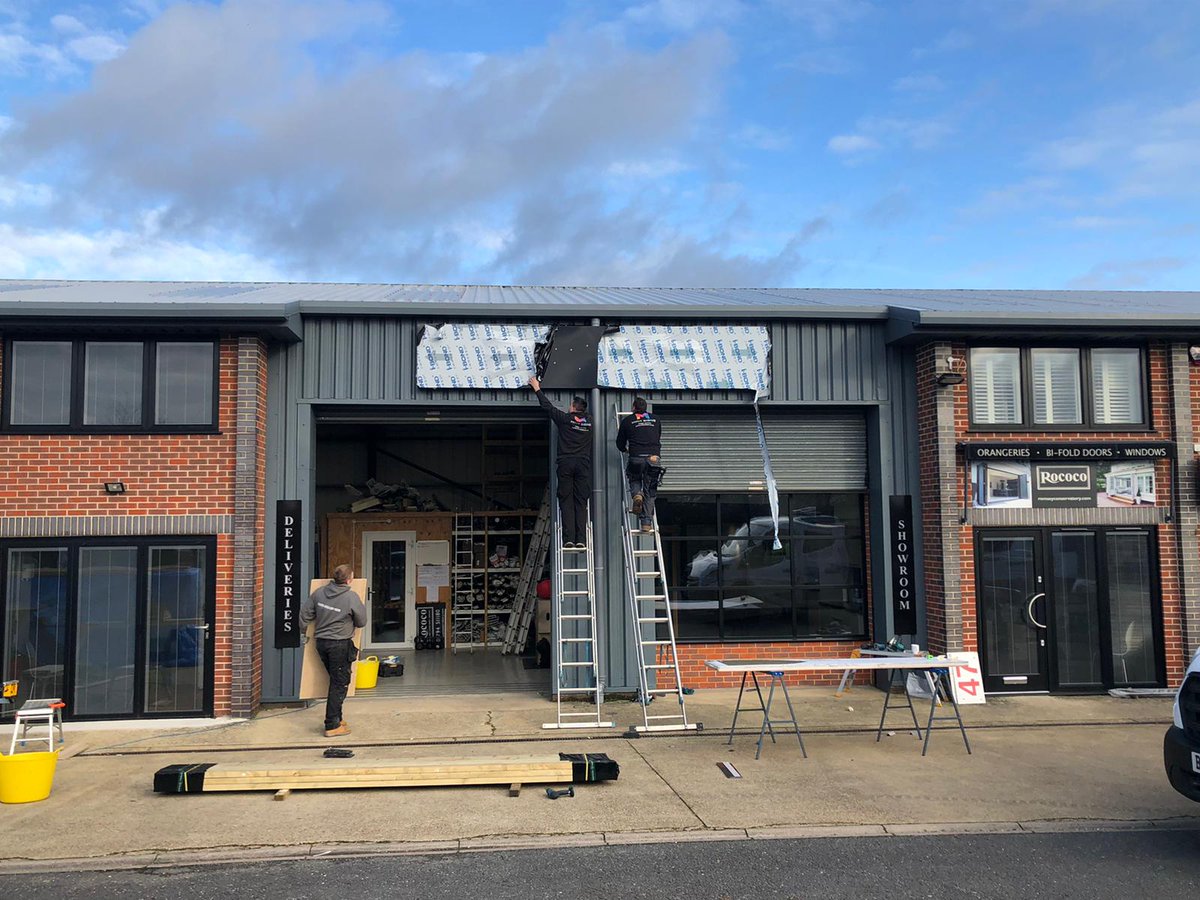 RococoGlass's tweet image. New signage going up at the offices. We now have a larger, brighter showroom with a wide range of products to view and try, to help you find the right products for your next dream project. 
#windowsanddoors #originwindows #evolutionwindows #aluco #infiniGlide #masterframewindows