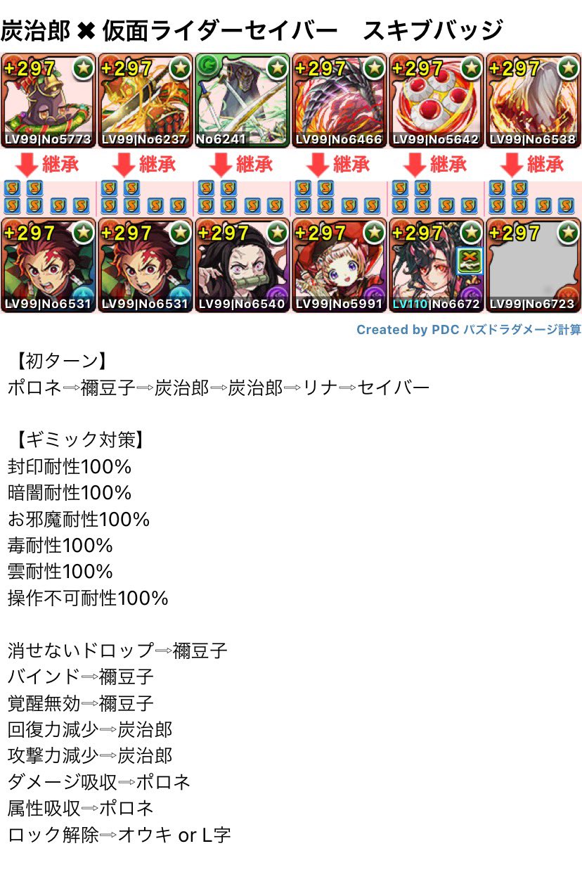 ありす ボーダー予想 パズドラ 炭治郎 仮面ライダーセイバー テンプレ 炭治郎ループ 初ターンから変身後スキル使用可 初ターンからセイバー変身 ターンスキル 全ギミック対応 火ドロップ強化6個 火列強化2個 T Co