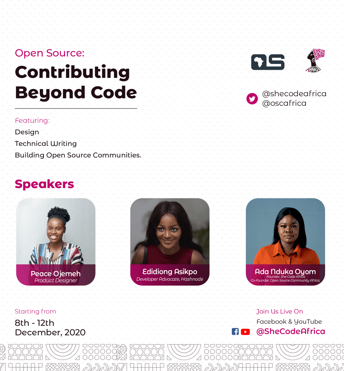 SheCodeAfrica's tweet photo. Open Source: Contributing Beyond Code
The webinar will be live on She Code Africa Facebook page and YouTube Channel.
All your questions are going to be answered by the guests during the live webinar
Turn on your notifications and share with your friends
#WOSCA
#SCAXOSCA
#OSCA https://t.co/aeojalkBcO