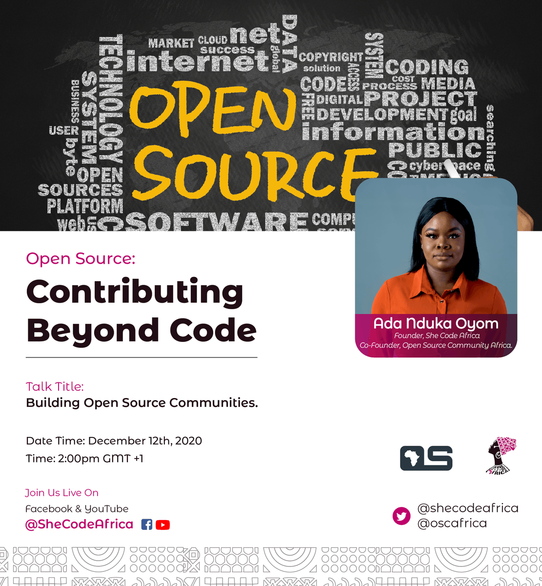 SheCodeAfrica's tweet photo. Open Source: Contributing Beyond Code
Ada Nduka Oyom @Kolokodess will speaking on building Open Source Communities.
Date: 12th December, 2020 (Saturday)
Time: 2:00PM GMT+1
#SCAXOSCA
#WOSCA
#OpenSource https://t.co/yTDvhCACsy