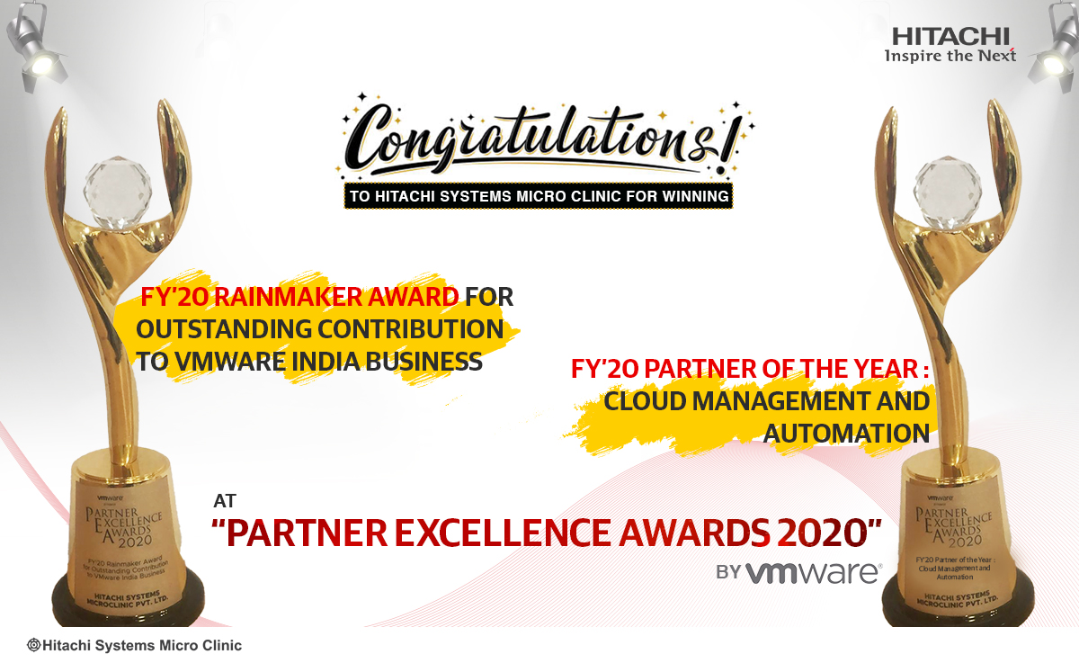 HitachiSysIndia's tweet photo. We have done it again! Delighted to receive “FY20 Rainmaker Award” &“FY20 Partner of the Year: Cloud Management and Automation” from @VMware at Partner Excellence Awards 2020. #HitachiSysMC #VMwarepartner #DataCentersolutions #ITservices #Systemsintegration https://t.co/nXYJdqom51