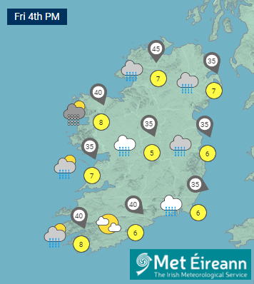 MetEireann's tweet photo. A cold day with rain becoming widespread. Strong northerly winds will develop with temperatures of just 3 to 5 degrees in the afternoon.

For our National forecast and outlook:
https://t.co/9gKN6SVok4 https://t.co/6uGWAyf73x